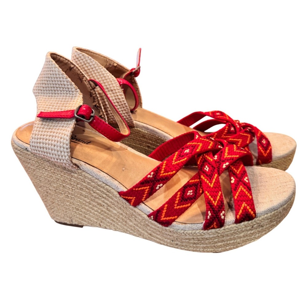 Lucky Brand Women's Red Woven Espadrille Wedge Sandals Size 9.5 ankle strap boho